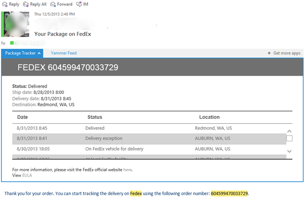 Figure 1. An email message in Outlook contains one FedEx tracking number