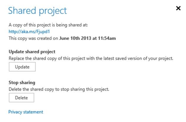 Figure 10. Shared project dialog box displaying the options to update the shared project or delete it