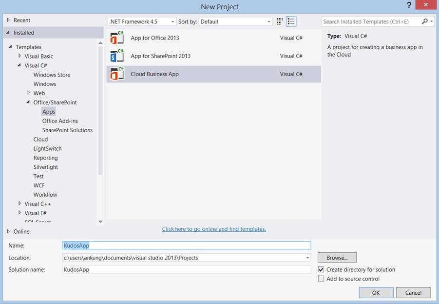 Figure 2. Create a new Cloud Business App project in Visual Studio