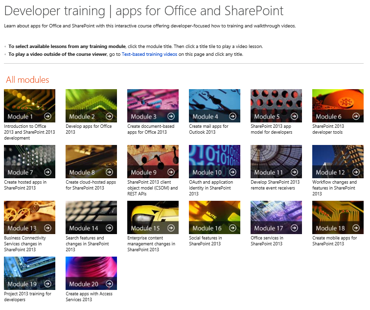Figure 1. Apps for Office and SharePoint developer training home page