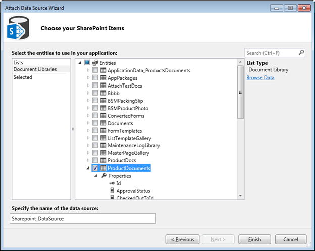 Figure 6. Select the document library entity
