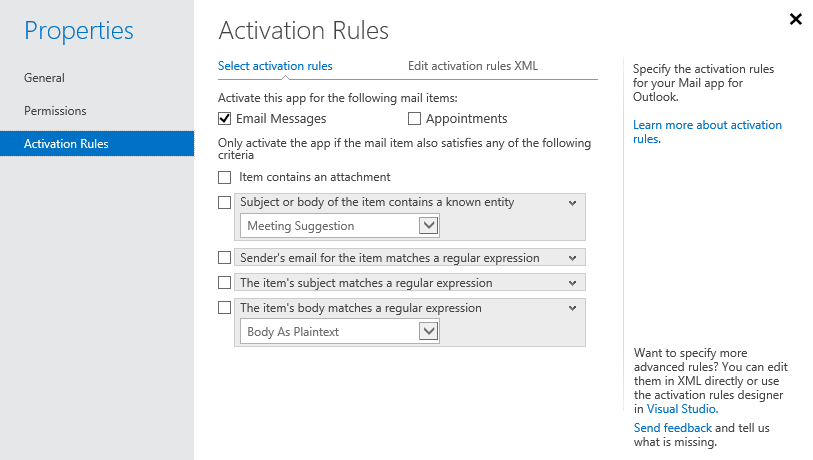 Figure 7. Activation rules editor for mail apps