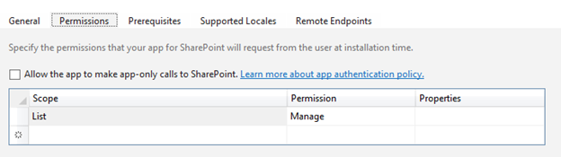 Figure 4. Assign the list scope manage permission to your app