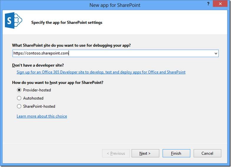 Figure 1. Specify the app for SharePoint settings