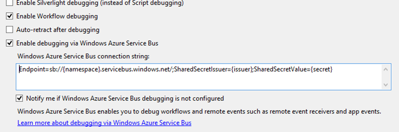 Figure 5: Configure app for SharePoint workflow remote debugging for Office 365