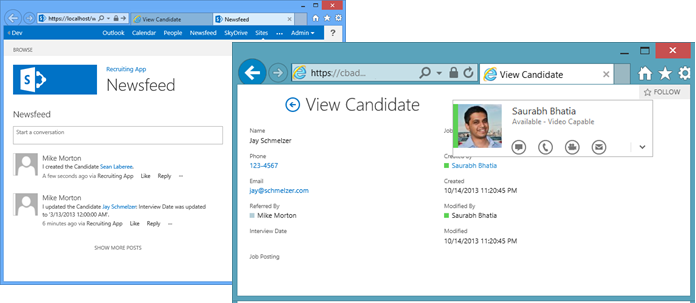 Figure 3: People and Social- The app’s newsfeed page and Lync contact card for individual users of the app