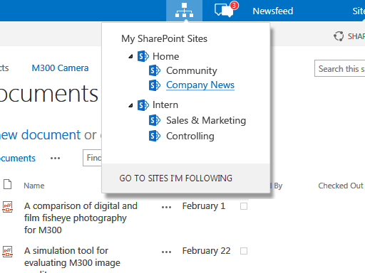 Figure 1. My SharePoint Sites navigation menu as seen from the Office Store