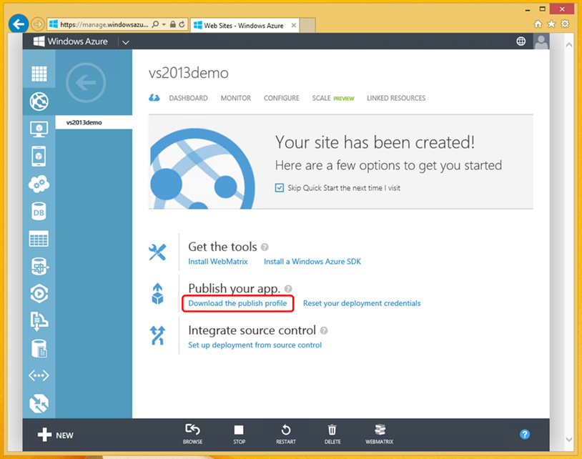 Figure 5. Downloading the publish profile from the Azure portal