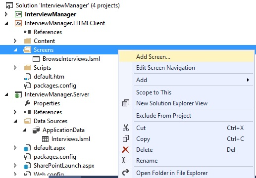 Figure 3. Add screen within Solution Explorer