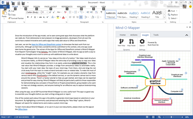 Figure 1. Mind-O-Mapper app in Word with an automatically generated mind map from the phrase “graphical interface”