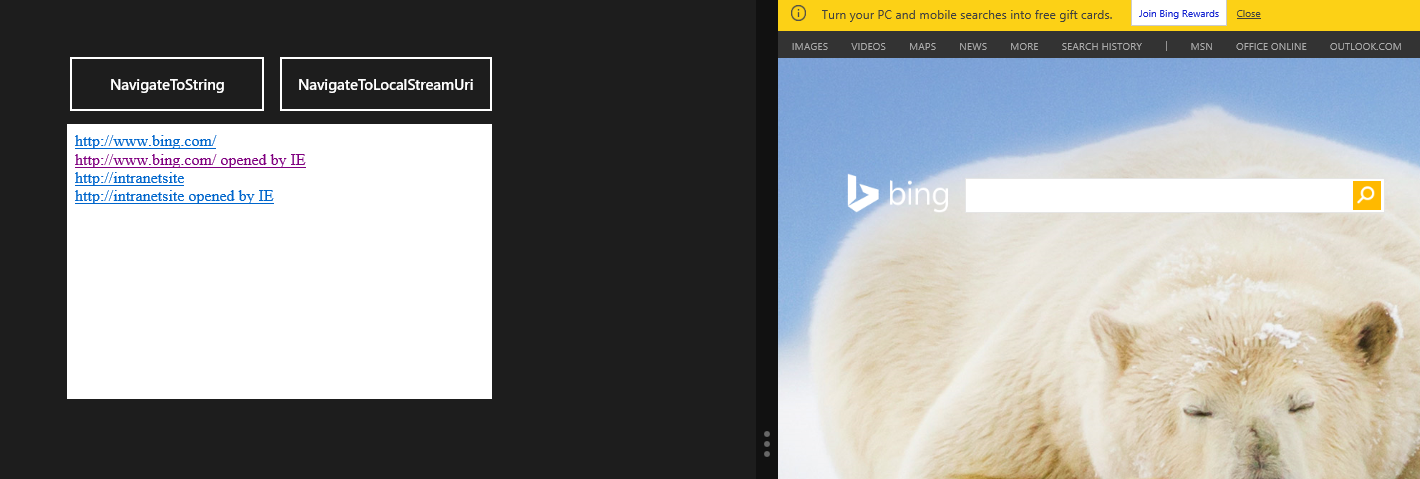 External link clicked. This opens Bing in the WebView.