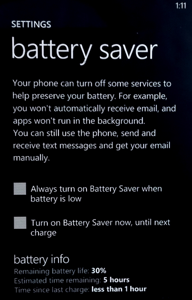 Battery Saver as seen on Windows Phone 7.8
