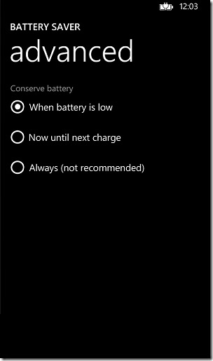 Windows Phone 8 Battery Saver Advanced Screen