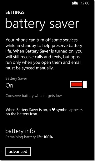 Windows Phone 8 Battery Saver Main Screen