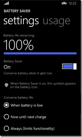 WP8.1 Battery Saver Main Screen