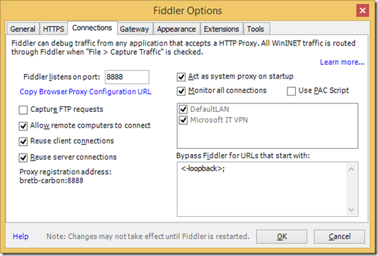 Fiddler options for connections