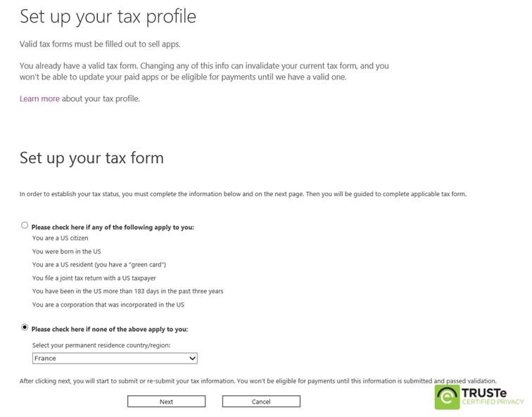Windows Phone Tax Profile