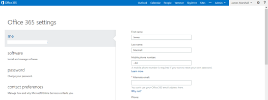 Office 365 settings page