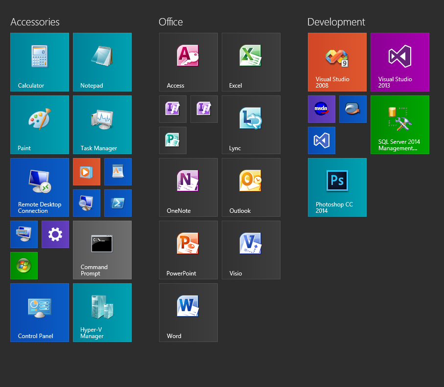 Screenshot of Office 2010 tiles after customizing them
