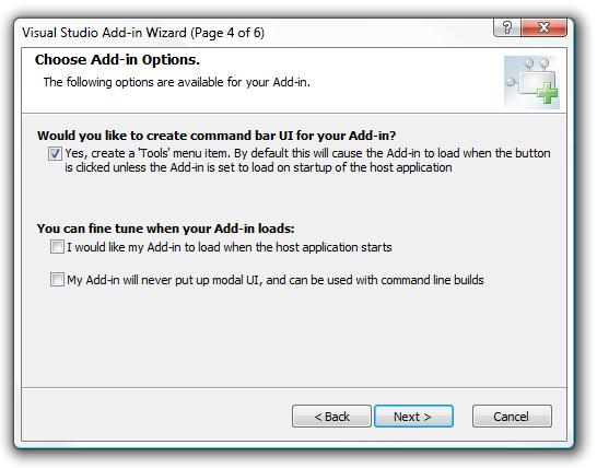 Visual Studio - Add-in Wizard Page 4