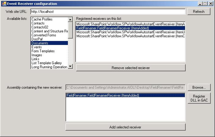 Capture d'écran d'un programme pour l'enregistrement d'un event receiver