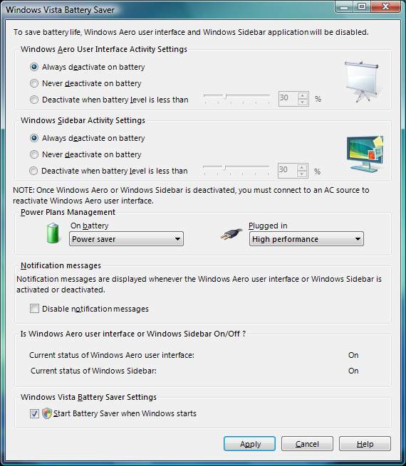 Screenshot of Windows Vista Power Saver beta 2 r1 in English