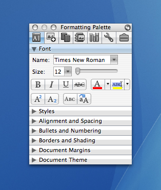 Formatting Palette in the Toolbox
