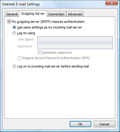 Internet E-mail Settings: Outgoing Server