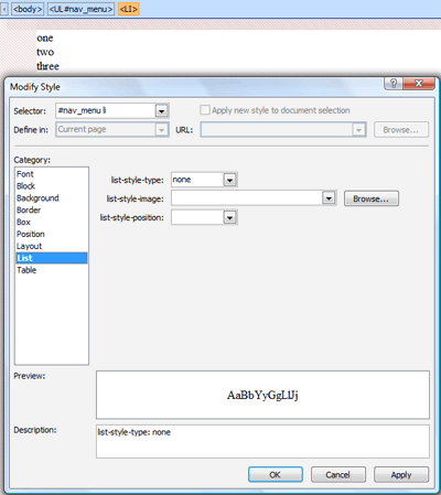 List category in New Style dialog box