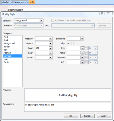 Layout category in New Style dialog box