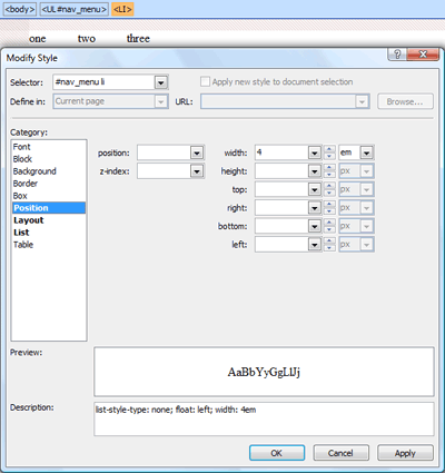 Position category in New Style dialog box