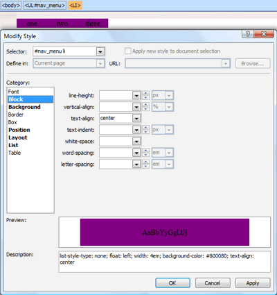 Block category in New Style dialog box