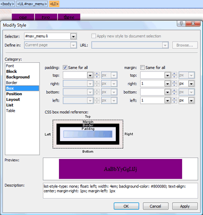 Box category in New Style dialog box