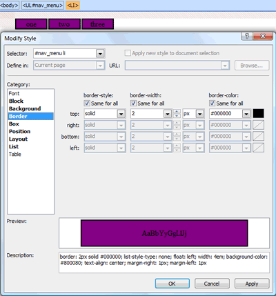 Border category in New Style dialog box