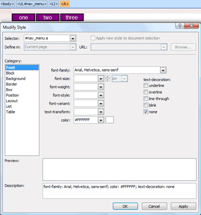 Font category in the New Style dialog box