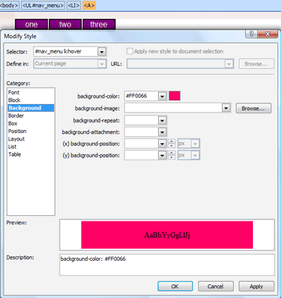 Background category in New Style dialog box