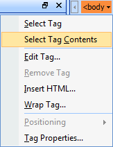Select Tag Contents command in quick tag selector bar's context menu