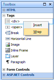context menu of <div> tag in Toolbox task pane