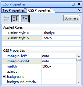 margin-left and margin-right attributes set to auto in the CSS Properties task pane