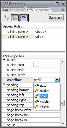 overflow property in the CSS Properties task pane