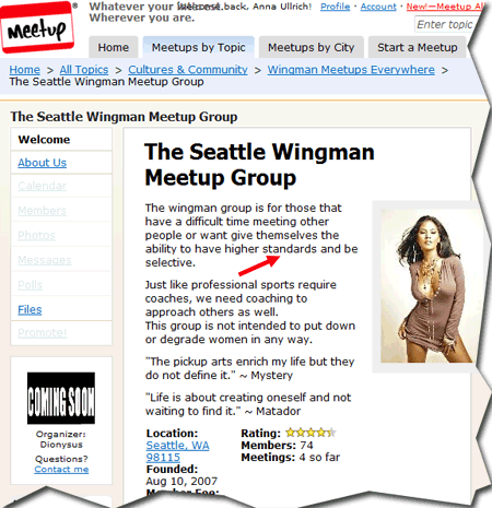 Web page of Seattle Wingman Meetup