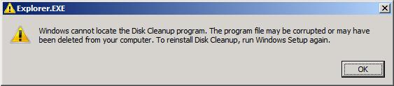 Windows cannot locate the Disk Cleanup program. The program file may be corrupted or may have been deleted from your computer. To reinstall Disk Cleanup, run Windows Setup again. 