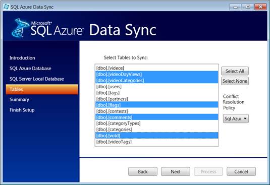 SQL Azure Data Sync - Select Tables