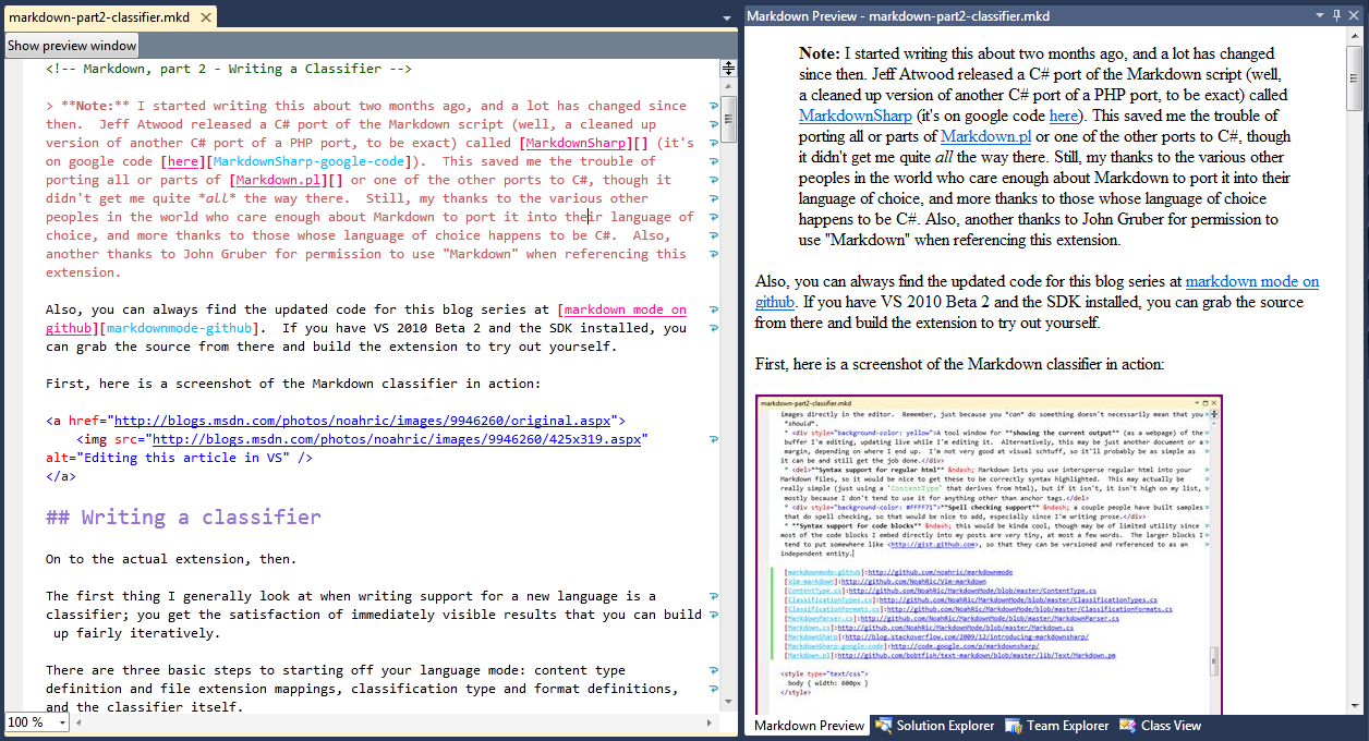Markdown preview tool window, editing the Markdown Part 2 article