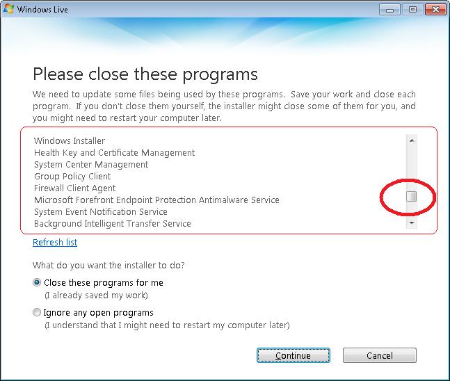 Windows Live - close programs