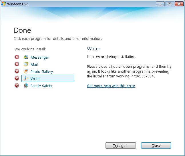 Windows Live installation error