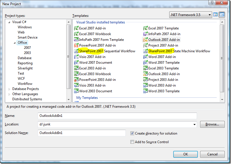 VS2008 New Project Dialog with SharePoint Workflow Project Templates