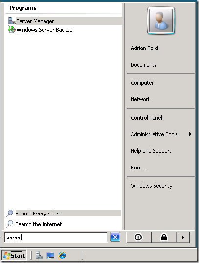 Windows Server 2008 start menu