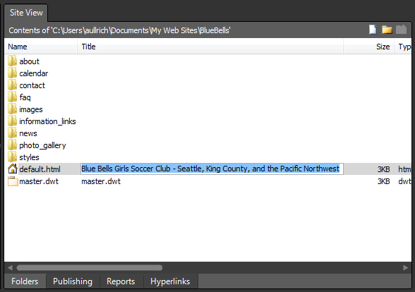 Editing a page title in the Folders view of a site in Expression Web
