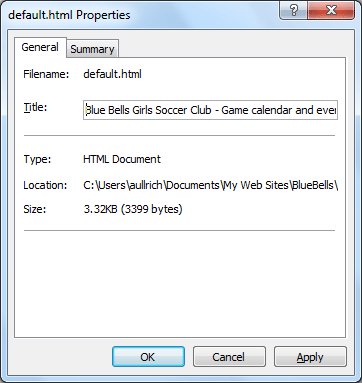 a page's file Properties dialog box